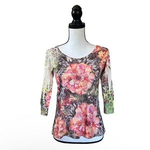 VTG 90s Carole Little Floral Print Embellished Top 3/4 Sleeve Y2K Bling Petite M
